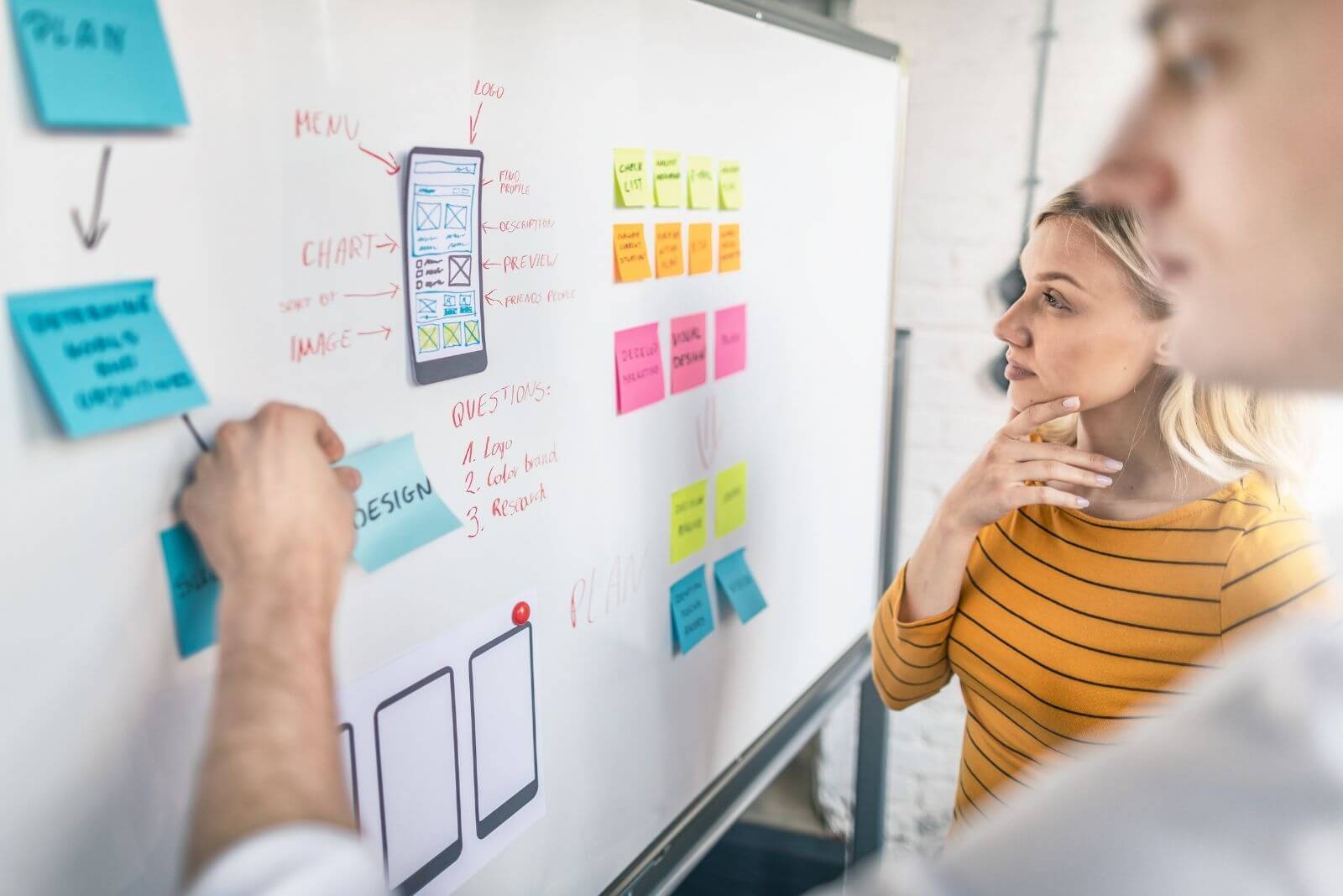 Brand strategy planning session for graphic design & branding in Torrance, CA with team reviewing wireframes and messaging on whiteboard